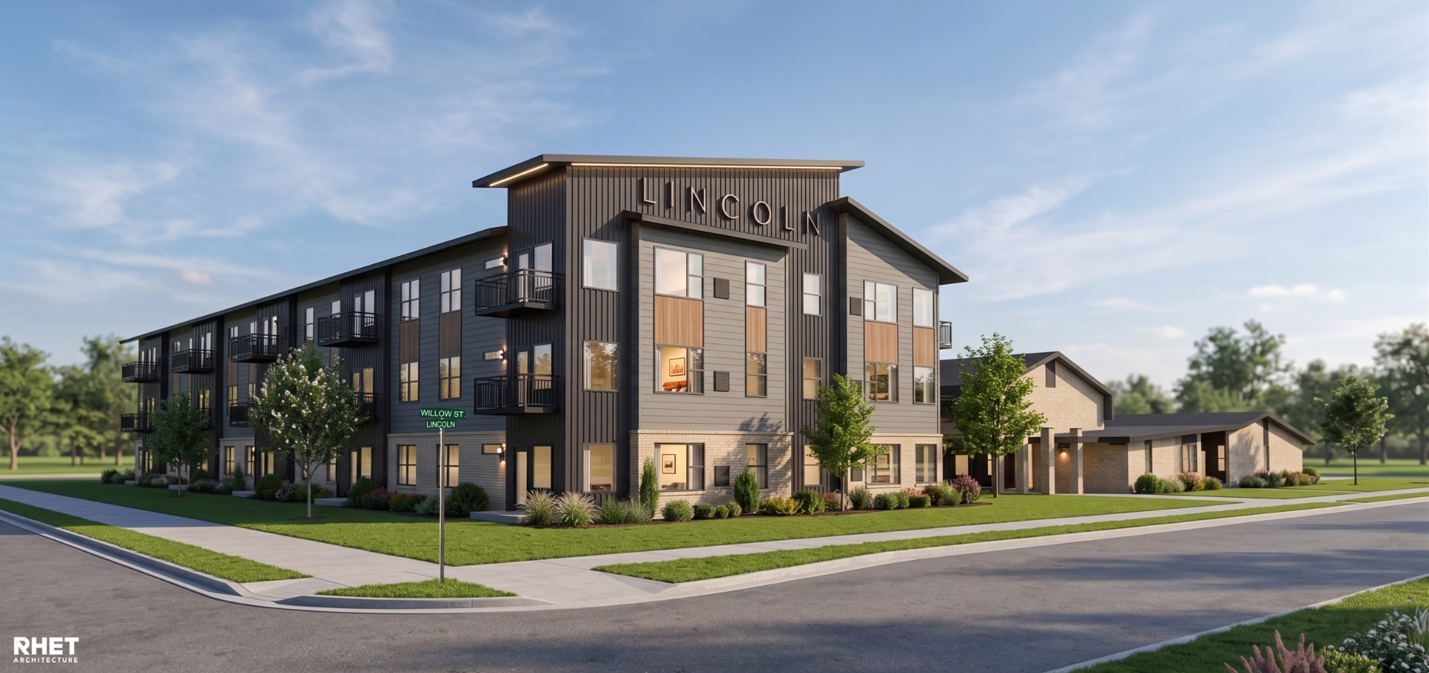 Corner rendering of Lincoln Flats apartment building
