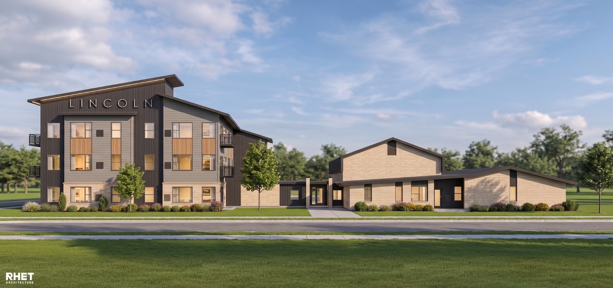 Front rendering of the restored Lincoln school building